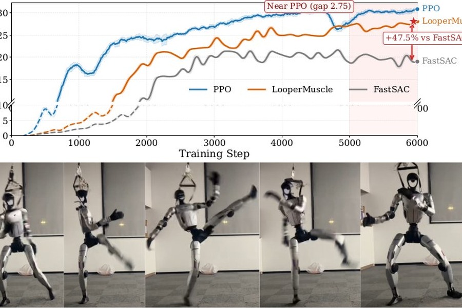 LooperMuscle training curves and humanoid whole-body tracking sequences