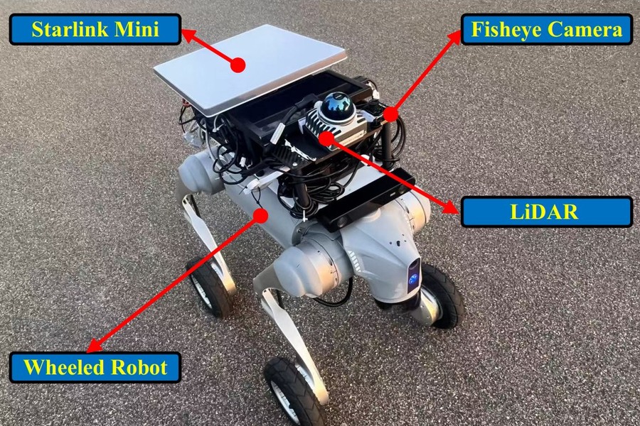 Wheeled Starlink robot with a Starlink Mini terminal, fisheye camera and LiDAR